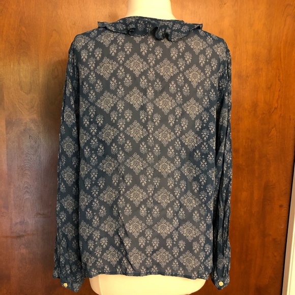 Sheer Front Ruffle Blue Print Blouse - Picture 3 of 6